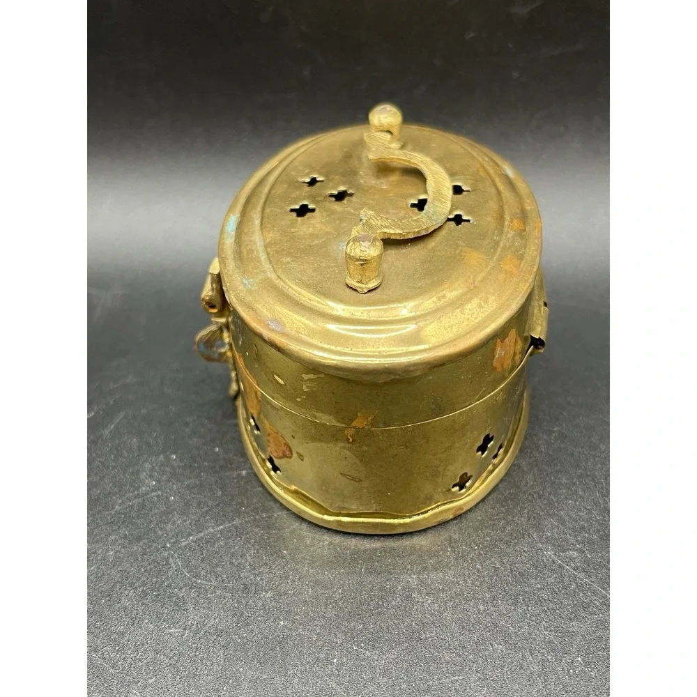 Brass Cricket Box Hinged‎ Pierced Trinket Box w/ Handle Handmade 1970s Vintage